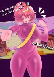 1girls action_pose adventure_time big_breasts chubby curvy cute female fully_clothed glasses hourglass_figure imminent_cheating imminent_rape imminent_sex johnv latex leather nerd one_piece_suit pink_body pink_hair pointing ponytail princess_bubblegum shiny_clothes skin_tight skinsuit slutty_outfit solo text thick thick_legs thick_thighs