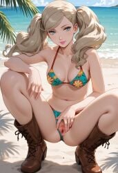 1girls ai_generated ann_takamaki bikini bikini_aside bikini_bottom bikini_bottom_aside bikini_top boots persona persona_5 presenting_pussy pussy solo solo_focus spread_legs spread_pussy squatting