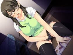 2010s 2016 bed black-framed_glasses black_eyes black_hair black_legwear black_shorts breasts clothed_masturbation clothing comic denim_shorts eyebrows eyebrows_visible_through_hair female female_ejaculation fingering game_cg glasses hand_between_legs hand_in_panties hand_in_shorts hidden highres indoors jean_shorts kneeling large_breasts legs long_hair looking_down magazine masturbation open_mouth panties pleasure_face pleasured pussy_ejaculation pussy_juice reading sakura_romako secret short_shorts short_sleeves shorts sitting solo squirt squirting stockings sweat thighhighs thighs tomboy underwear ureta_karada_ha_boku_senyou:_motome_au_sadomazohizumu wet