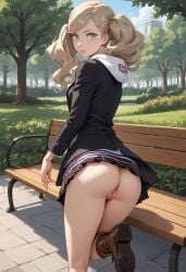 1girls ai_generated ann_takamaki park park_bench persona_5 presenting_pussy pussy solo solo_focus standing