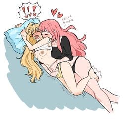 ! !! 2girls akita_neru black_panties blonde_hair blush breasts closed_eyes dashingicecream fanloid female fingering heart megurine_luka multiple_girls navel open_mouth panties pillow_grab pink_hair spoken_exclamation_mark striped_panties the_party_tit underwear vocaloid yuri