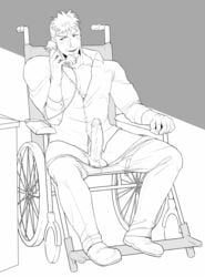 1boy bara erection full_body fullmetal_alchemist human jean_havoc male male_only monochrome muscle naughty_face penis phone solo tagme testicles undressing wheelchair winemvee