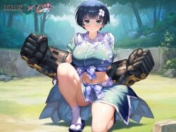 big_breasts blue_eyes brown_dust_2 forest gauntlets kimono looking_at_viewer mechanical_gauntlets mechanical_gloves official_art senran_kagura short_hair thick_thighs yozakura_(senran_kagura)