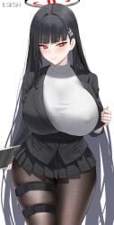 black_hair blazer blue_archive breasts female female_only hair_ornament hairclip hairpin halo huge_breasts ilsksh large_breasts long_hair looking_at_viewer nipples_visible_through_clothing pantyhose red_eyes rio_(blue_archive) short_skirt solo tablet thick_thighs white_sweater