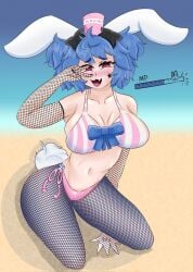 beach blush busty_boy femboy fishnets huge_breasts midriff smug yatsmochi yatsmugi_(yatsmochi)