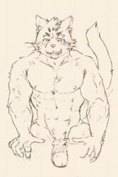 abs animated anthro blush demon domestic_cat felid feline felis foreskin genitals lifewonders low_res male mammal muscular muscular_arms nipples penetration penis retracted_foreskin sitri solo tokyo_afterschool_summoners yunu38