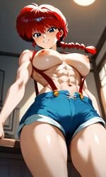 abs ai_generated bangs blue_eyes blue_shorts blush braid breasts cowboy_shot eyebrows_visible_through_hair female from_below genderswap genderswap_(mtf) grin highleg_shorts highres indoors large_breasts long_hair looking_at_viewer looking_down naked_suspenders navel nipples ranma-chan ranma_1/2 ranma_saotome red_hair rule_63 shiny shiny_skin shorts smile solo stable_diffusion standing stomach suspenders teeth thighs toned toned_female topless uncensored