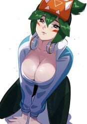 1girls big_breasts blizzard_entertainment breasts cleavage clothed female female_only green_hair kiriko_(overwatch) kiriko_kamori looking_at_viewer overwatch overwatch_2 selvish94 solo solo_female sukajan_kiriko yellow_sclera