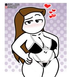 accurate_art_style anthro artist_name bbw bikini black_bikini black_eyes black_swimsuit blush breasts brown_hair chubby chubby_female cleavage clothing colored_skin female halftone halftone_background hand_on_hip heart large_breasts long_hair looking_at_viewer navel no_mouth no_nose nose_blush outline plump polka_dot rebecca_parham sexually_suggestive solo steca swimsuit thelazyart thick_thighs thighs white_outline white_skin wide_hips youtube youtuber youtuber_girl youtubers