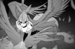 2022 ass avian avian_humanoid bare_shoulders big_ass bird_feet cheeks clothed comic comic_panel detailed_background eyes feathers giant_ass greyscale harpy harpy_girl harpy_humanoid hololive hololive_english hololive_english_-council- hololive_english_-promise- holoween large_wings medium_breasts medium_hair nanashi_mumei official_art on_all_fours on_knees ouro_kronii shoulders smile smiling_at_viewer stare virtual_youtuber wide_ass wide_hips wings