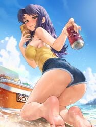 bangs bare_shoulders beach beer blush breasts brown_eyes exposed_breasts female female_only long_hair looking_at_viewer misato_katsuragi necklace neon_genesis_evangelion nipples no_bra parted_bangs pendant purple_hair smile solo