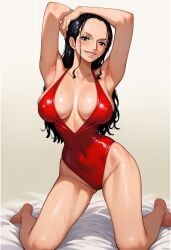 ai_generated alluring almost_naked almost_nude ass big big_breasts black_hair blue_eyes blush breasts earring earrings long_hair looking_at_viewer nico_robin one_piece red_swimsuit swimsuit z4zt3l4