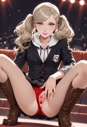 1girls ai_generated ann_takamaki panties panties_aside persona persona_5 presenting_pussy pussy solo solo_focus spread_legs spread_pussy squatting theater