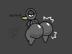 ambiguous_gender animated anus ass ass_clapping avian big_butt bird black_body booby_(bird) breasts dialogue duo exclamation_point female looking_at_another looking_back looking_surprised nxyitn sulid suliform thick_thighs