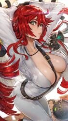 1girls bodysuit breasts female gloves green_eyes guilty_gear guilty_gear_strive hair_between_eyes halo highres jack-o'_valentine large_breasts long_hair looking_at_viewer magion02 multicolored_hair open_mouth parted_lips red_hair solo spiked_halo two-tone_hair white_bodysuit white_hair