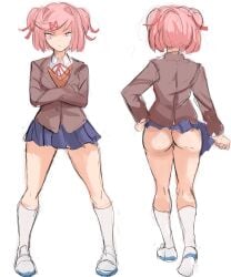 clothed doki_doki_literature_club exposed_pussy flashing_pussy fully_clothed looking_at_viewer natsuki_(doki_doki_literature_club) presenting rakeemspoon showing_ass showing_off showing_pussy skirt_lift skirt_up