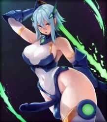bare_shoulders blue_eyes blue_hair breasts bulge calpish covered_navel covered_penis covered_testicles elbow_gloves elekshaal_(calpish) erection erection_under_clothes female futanari gloves hair_between_eyes headgear highleg highleg_leotard highres holding holding_sword holding_weapon large_breasts large_penis leotard looking_at_viewer open_mouth original penis short_hair skin_tight solo sword testicles thick_thighs thighhighs thighs variant_set weapon white_leotard white_thighhighs