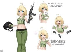 1girls based blonde_female blonde_hair blue_eyes breasts brenton brenton_tarrant clothed_female english_text female female_focus female_only female_soldier gesture gun heart-shaped_pupils hearts helmet inviting_to_sex military military_hat military_uniform nazi neo-nazi racist racist_woman rule63 rule_63 sfw slim slim_female suggestive suggestive_gesture suggestive_look tarrent terrorist text the_great_replacement the_great_replacement_book weapon