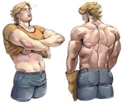 1boy back_muscles bara blonde_hair blonde_hair_male curly_(mouthwashing) happy_trail looking_at_viewer male male_only mouthwashing muscular_male orbuz228 taking_clothes_off taking_shirt_off