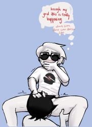 black_hair black_hair_male blowjob bottomless dave_strider dialogue glasses hand_on_head headgear headwear homestuck john_egbert male oral shirt_only short_hair short_hair_male text