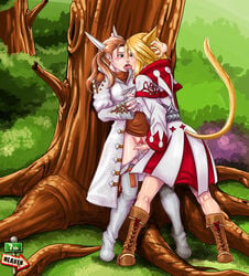 7th-heaven artist_logo big_breasts blonde_hair breast_grab breast_squeeze breasts brown_fur brown_hair cat_ears cat_tail catgirl eye_contact female female_only final_fantasy final_fantasy_xiv fingering freckles green_eyes groping groping_breasts hair horn kissing large_breasts long_hair miqo'te open_mouth padjal pants_down pussy pussy_juice raya-o-senna red_hair square_enix tail tongue tongue_out video_games wet wet_pussy white_mage yuri