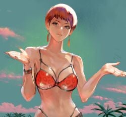 1girls animal_print bikini bracelet breasts brown_eyes brown_hair cleavage cloud collarbone earrings female female_only fully_clothed jewelry king_of_fighters king_of_fighters_all-stars large_breasts leopard_print looking_at_viewer nao3art navel palm_tree parted_lips pink_clouds print_bikini red_bikini short_hair sky snk solo swimsuit teeth tree vice_(kof)