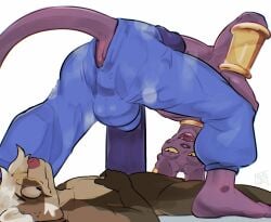 absurd_res anthro anus ass badger barefoot beerus biped bracelet bulge clothing cute_fangs domestic_cat dragon_ball dragon_ball_super duo feet felid feline felis hi_res jewelry looking_back male mammal meatshaq mustelid musteline nude open_mouth open_smile purple_body purple_tail rear_view simple_background smile tail white_background