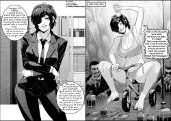 alcohol armpits beer_can before_and_after biting_lip biting_own_lip black_and_white brown_hair chainsaw_man cigarette cirenk cleavage clothed_female clothed_male comic crowd degradation degradation_text dialogue drinking_glass drugged drugs drunk eyepatch feet himeno_(chainsaw_man) holding_cigarette humiliation intoxicated looking_at_viewer maledom panties pills pov public public_humiliation riding_bicycle smiling smoking smoking_cigarette stage strip_club stripper_pole suit suit_and_tie syringe tank_top tricycle vehicle