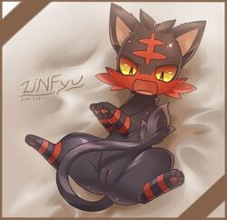 decensored felid feline felis female feral fur furry furry_only litten nintendo nude open_mouth paws pokémon_(species) pokemon pussy red_eyes solo spread_legs sweat tail text yellow_sclera zinfyu