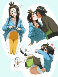 1boy :d absurdres black_hair black_hat blue_hoodie blush choker closed_eyes clothes_lift commentary_request cube_hair_ornament female hair_ornament hat heart highres hood hoodie hoodie_lift jacket kissing leggings lida_(pokemon) lifting_own_clothes long_hair long_sleeves male multiple_views open_mouth paxton_(pokemon) pokemon pokemon_legends:_z-a sex shirt smile spoken_heart straight topknot u4_99384295