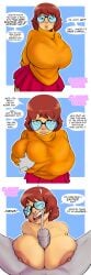 1boy 1boy1girl 3koma anon anonymous_male big_breasts breasts brown_hair clothing cuddlecore cum cum_on_glasses cum_on_hair cumshot curvy female freckles glasses groping groping_breasts hand_on_breast looking_pleasured naked_female nipple_piercing paizuri penis red_skirt scooby-doo sex short_hair skirt sweater text text_bubble titjob top_heavy unseen_male_face velma_dinkley