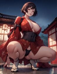 ai_generated black_hair black_panties huge_ass kurenai_(red_ninja) large_breasts looking_at_viewer red_kimono red_ninja red_ninja_end_of_honor short_hair short_kimono spread_legs