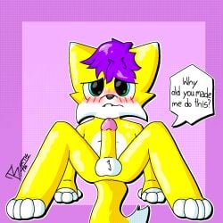 1:1 anthro balls bartis_(bartisthedoggie) bartisthedoggie blue_eyes blush blush_lines canid canine canis domestic_dog english_text fur genitals hair hi_res male mammal penis purple_hair shaded signature simple_background simple_shading solo speech_bubble text white_balls white_body white_fur yellow_body yellow_fur yellow_penis