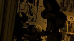 1boy1girl 1girl1boy 3d 3d_model alice_angel animatronic_male bendy_and_the_ink_machine boob_squish boobs_out boris_the_wolf holding_breast joey_drew_studios lone_wolf_(bendy) surprised_expression susie_campbell twisted_alice vrchat vrchat_avatar vrchat_media vrchat_model