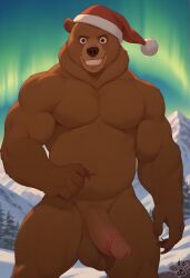 ai_generated anthro aurora_borealis balls bear belly big_balls black_iris brother_bear brown_balls brown_bear brown_claws brown_eyes brown_nose christmas christmas_hat claws disney forest front_view grin humanoid_genitalia humanoid_penis kenai_(brother_bear) looking_at_viewer male male_only mountain muscular muscular_arms muscular_legs muscular_male neck_tuft pecs penis sharp_teeth snow solo teeth thick_penis tuft ursine white_sclera yiffinar