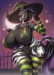 1girls 2024 absurd_res anthro armwear big_breasts big_thighs black_hair equid equine female female_only green_eyes hair_over_one_eye halloween huge_breasts kiwipotato looking_at_viewer narrowed_eyes outdoors sling_bikini slingshot_bikini smiling smiling_at_viewer solo striped_armwear striped_thighhighs tail thick_thighs thighhighs white_highlights wide_hips witch_hat zebra