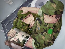 2boys against_wall bara bathroom blush brown_hair drooling fellatio fraternity gay hand_on_head lad magazine male male_only military multiple_boys muscle muscles oral saliva soldier sucking sweat toilet tough_guy wince winemvee yaoi