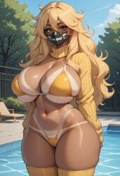 ai_generated bangs bikini bikini_tan blonde_hair breasts breasts brown_eyes cameltoe cleavage curvy cute dark-skinned_female dark_skin day female hair_between_eyes highleg_bikini huge_ass huge_breasts juswa large_ass large_breasts long_hair long_sleeves looking_at_viewer mask mole mole_on_breast mouth_mask navel one-piece_tan outdoors pool shrug_(clothing) skindentation sky solo sweater swimsuit tan tanlines thicc thick_thighs thighhighs thighs tree water yellow_bikini yellow_sweater