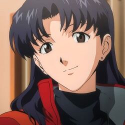 bangs bare_shoulders blush breasts brown_eyes exposed_breasts female female_only long_hair looking_at_viewer misato_katsuragi necklace neon_genesis_evangelion nipples no_bra parted_bangs pendant purple_hair smile solo standing