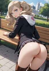 1girls ai_generated ann_takamaki park park_bench persona_5 presenting_pussy pussy solo solo_focus standing