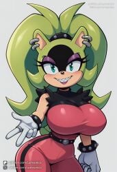 ai_generated animal_ears animal_nose artist_name bangs bare_shoulders belt blue_eyes blush breasts covered_navel covered_nipples cumsonics fangs female furry furry_female large_breasts long_hair looking_at_viewer non-web_source patreon_username simple_background sleeveless smile solo sonic_(series) standing surge_the_tenrec turtleneck twitter_username white_gloves