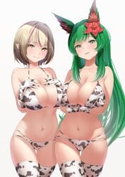 2girls absurdres animal_ear_fluff animal_ears animal_print arms_under_breasts ass_visible_through_thighs bare_shoulders bikini breasts character_request cleavage closed_mouth collarbone commission copyright_request cow_print cow_print_bikini cow_print_gloves cow_print_thighhighs cowboy_shot deep_skin flower gloves green_eyes green_hair hair_flower hair_ornament half-closed_eyes halterneck hands_on_own_chest hands_up hibiscus highres large_breasts light_brown_hair long_hair looking_at_viewer multi-strapped_bikini_bottom multiple_girls navel omochi_art753 parted_lips pointy_ears print_bikini print_gloves print_thighhighs red_flower seductive_smile short_hair sidelocks simple_background skeb_commission skindentation smile standing straight_hair string_bikini swept_bangs swimsuit thigh_gap thighhighs very_long_hair virtual_youtuber white_background yellow_eyes