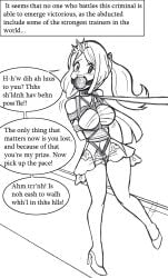 big_breasts black_and_white blush bondage crotch_rope dialogue english_text gag gagged kidnapped leash long_hair monochrome pokemon pokemon_masters pokemon_xy rope rope_between_breasts rope_bondage serena_(pokemon) sketch text