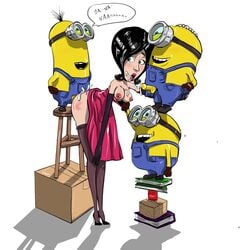 after_fellatio after_oral bob_(minions) cum_in_mouth despicable_me female foursome from_behind group_sex kevin_(minions) male minion minions_(film) nipples penis scarlet_overkill straight stuart_(minions)