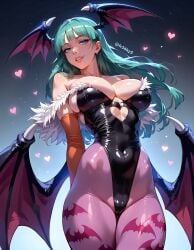 ai_generated darkstalkers fr34ky from_below hips huge_breasts leotard morrigan_aensland pantyhose thighs vampire_girl