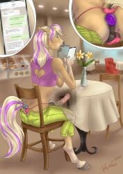 2019 anal anal_sex animal_genitalia animal_penis anthro blonde_hair blue_eyes chair clothed clothing crossdressing dated electronics equid equine equine_genitalia equine_penis erection femboy flower fur furniture genitals hair hi_res holding_object holding_phone horse male mammal multicolored_hair object_in_ass open_mouth penetration penis phone pink_penis plant public rufciu sabino sex_toy sex_toy_in_ass sex_toy_insertion signature sitting solo table tail tan_body tan_fur two_tone_hair vibrator vibrator_in_ass yellow_tail