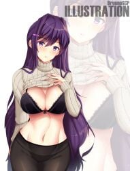 bra bruunoscp doki_doki_literature_club flashing flashing_breasts looking_at_viewer shirt_lift shirt_up showing_breasts showing_off tits_out yuri_(doki_doki_literature_club)