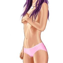 bangs bare_shoulders blush breasts brown_eyes exposed_breasts female female_only long_hair looking_at_viewer misato_katsuragi necklace neon_genesis_evangelion nipples no_bra parted_bangs pendant purple_hair smile solo standing