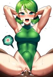 1boy 1girls ai_generated armpit_fetish armpits arms_behind_head arms_up blush blushing_at_viewer cum cum_in_pussy cum_inside cum_overflow dark-skinned_male eye_contact green_hair huge_cock impregnation interracial looking_at_viewer open_mouth pov_eye_contact saria stomach_bulge su_whore_(artist) sweat sweating sweaty sweaty_armpits the_legend_of_zelda veiny white_background