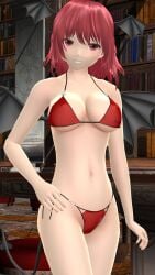 1girls 2023 3d adult_female belly_button bikini breasts cleavage demon demon_tail demon_wings hati_yukkuri_mmd indoors koakuma library light-skinned_female mmd red_bikini red_eyes red_hair_female short_hair_female smiling solo_female solo_focus succubus swimsuit touhou waist wings wings_on_head